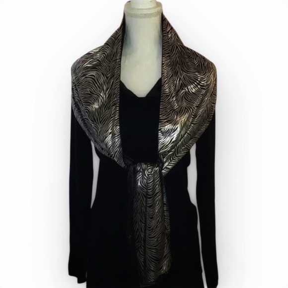 Ladies Elegant & Versatile Zebra Print Silk-Style Scarf -Black w/Silver Stripes - Picture 1 of 5